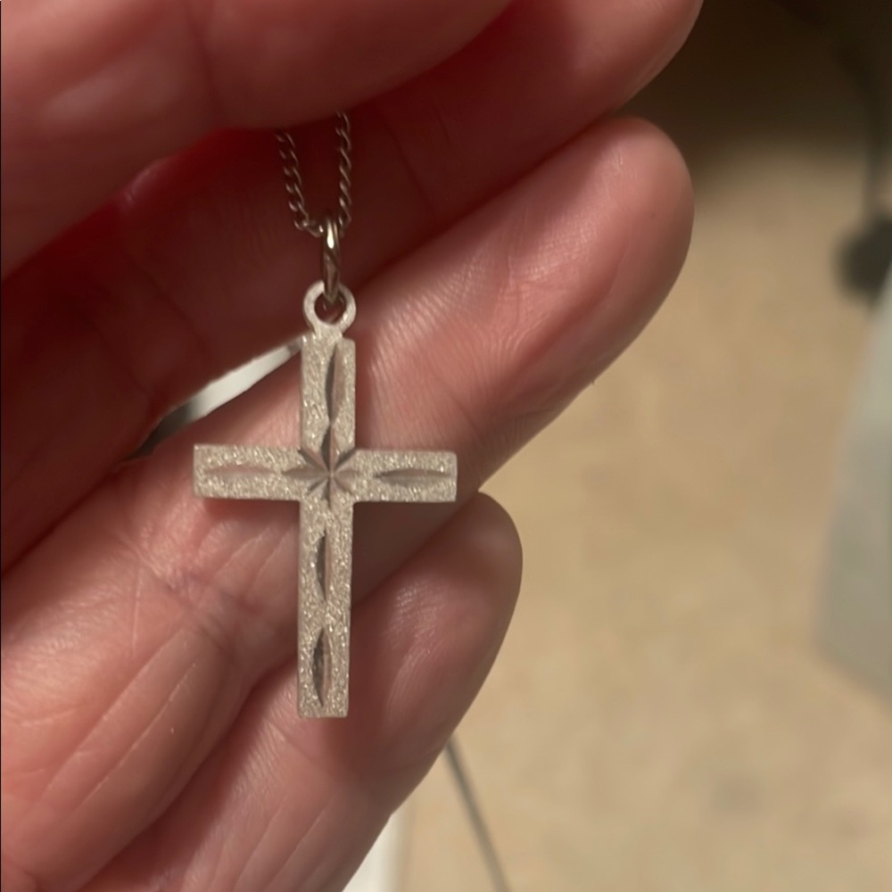 Cross Necklace Elegant Silvertone engraved